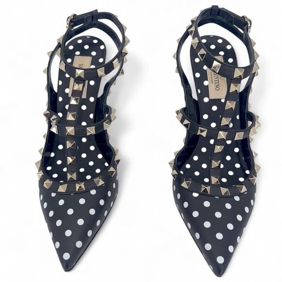 VALENTINO GARAVANI Black Ankle Strap Rockstud White Polkadot Sandals Siz… - Picture 13 of 15